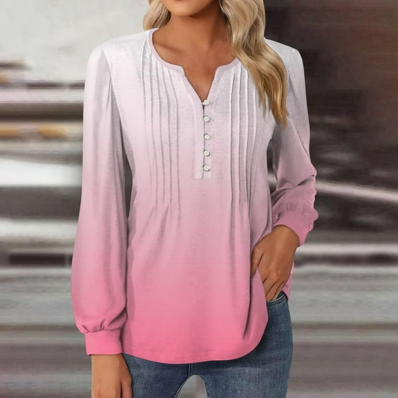 Topvent Women's Top Solid Round Neck Neckline Long Sleeved Pleated Button Up T-shirt