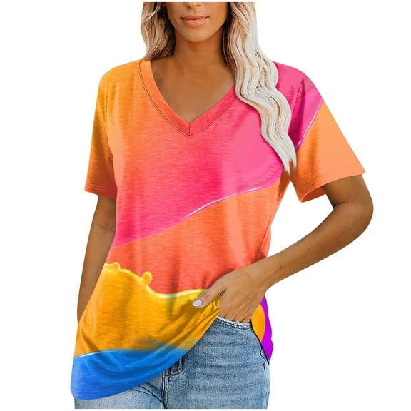 kytmyeq Women's Tops Casual V Neck Short Sleeve Solid Color Printed Basic T-Shirts Loose Comfort Tops T-Shirts Basic Tops T-Shirts