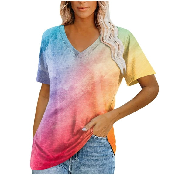 kytmyeq Women's Tops Casual V Neck Short Sleeve Solid Color Printed Basic T-Shirts Loose Comfort Tops T-Shirts Basic Tops T-Shirts