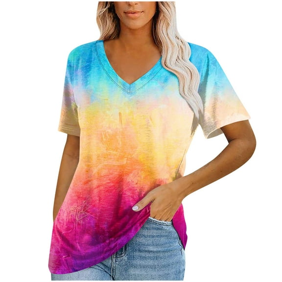kytmyeq Women's Tops Casual V Neck Short Sleeve Solid Color Printed Basic T-Shirts Loose Comfort Tops T-Shirts Basic Tops T-Shirts