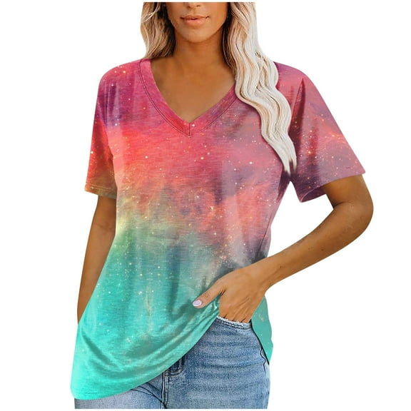 kytmyeq Women's Tops Casual V Neck Short Sleeve Solid Color Printed Basic T-Shirts Loose Comfort Tops T-Shirts Basic Tops T-Shirts