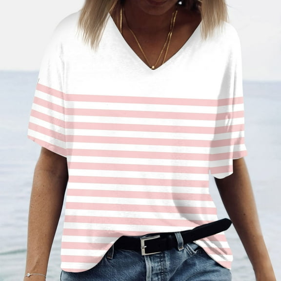 kytmyeq Women's V-neck Short-sleeved Fashionable Striped Printed Top
