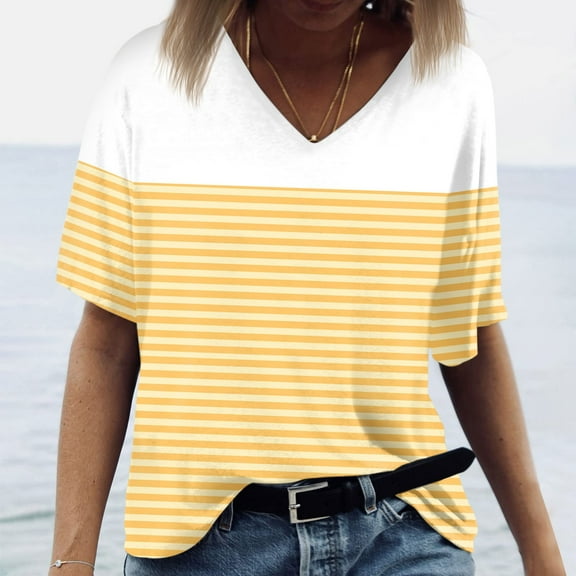 kytmyeq Women's V-neck Short-sleeved Fashionable Striped Printed Top