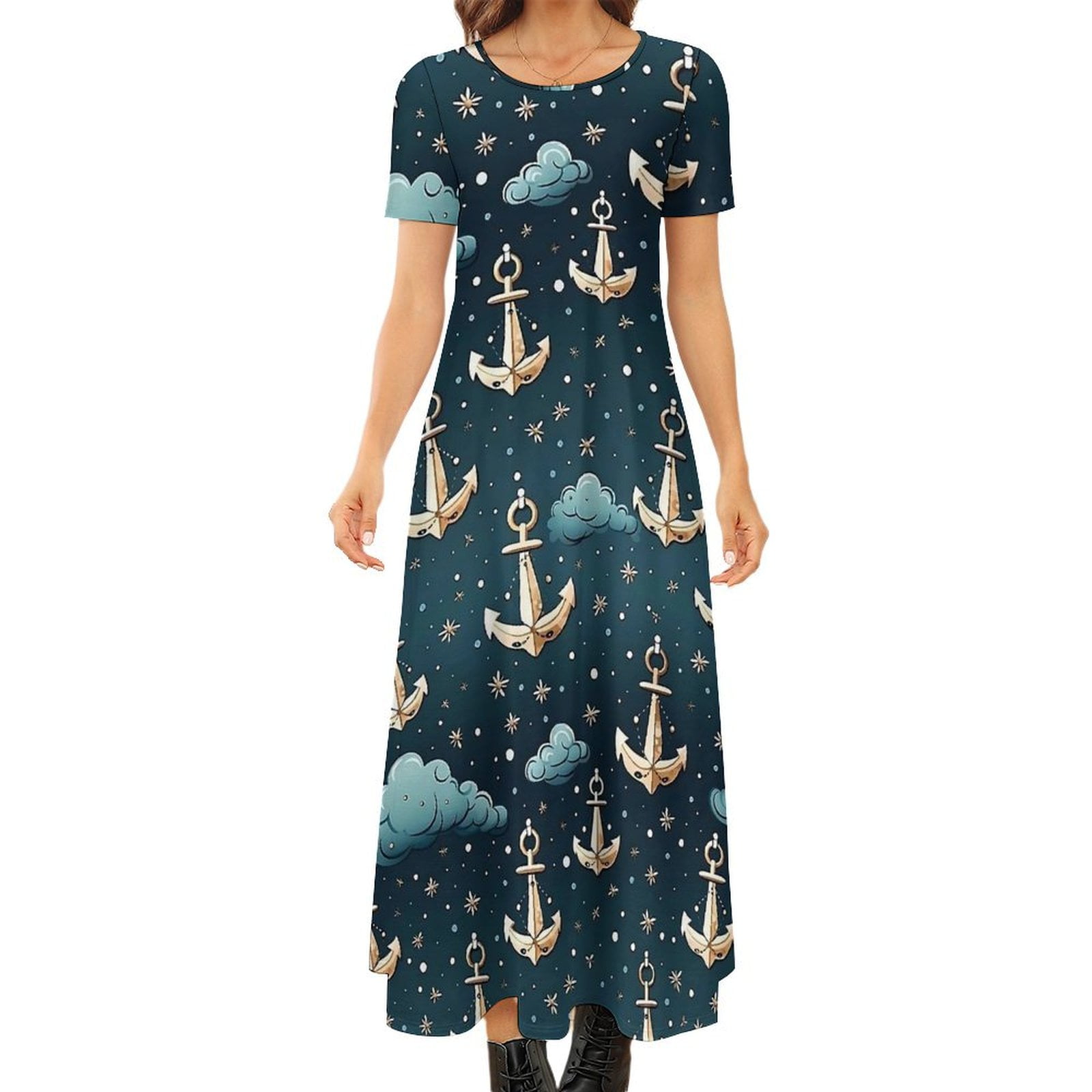l Anchor Dress Elegant Maxi Dress Short Sleeve Aesthetic Bohemia Long  Dresses Woman Printed Oversize Vestidos - Walmart.com