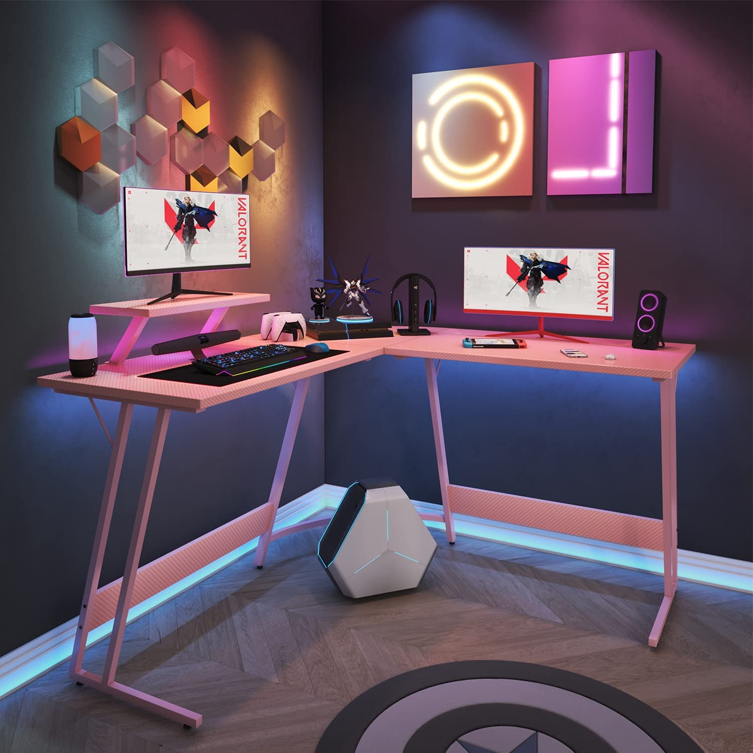 l Pink L Shaped Gaming Desk Computer Corner PC Desk Table with Large