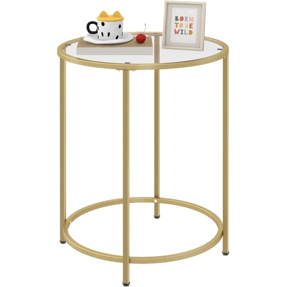 l Round Side Table, Modern Style Coffee Table, Sofa Table, Table with Metal Shelves and Glass Top, End Table for Living Room, Bedroom, Balcony, Patio, (H) 25.59 inch (D) 19.69 inch, Gold