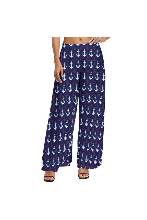 l Sailors Pattern Pants Women Anchor Print Korean Fashion Trousers Elastic Waist Casual Wide Pants Gift