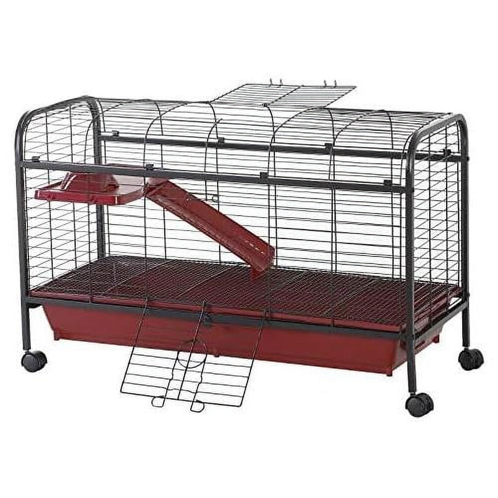 l small animal cage rabbit hutch pet play house with feeder, rolling wheels, platform, ramp