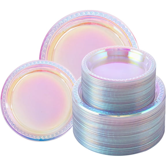 l1 120 Pcs Iridescent Sparkle Plastic Plates,Disposable Plates for Party Valentine's Day Mother's Day and Easter, Clear Neon Rainbow Plastic Plates,60 Pcs Dinner Plates and 60 Pcs Dessert Plates