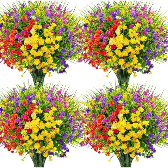 l1 16 Bundles Artificial Flowers for Outdoors Fake Plastic Plants Faux Shrubs Greenery Wheat Grass UV Resistant for Spring Summer Garden Patio Window Box Office Table Kitchen Home Decoration
