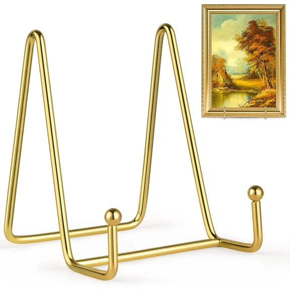 l1 2 Pack 4 Inch Gold Plate Stands for Display, Metal Square Wire Easel Stand, Plate Holder Display Stands, Picture Frame Stands for Display Photos, Decorative Platter, Book and Table Top Arts