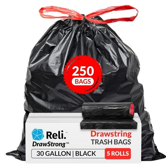 l1 30 Gallon Trash Bags Drawstring | 250 Count Bulk | Black | 30 Gallon Garbage Bags Heavy Duty | Large