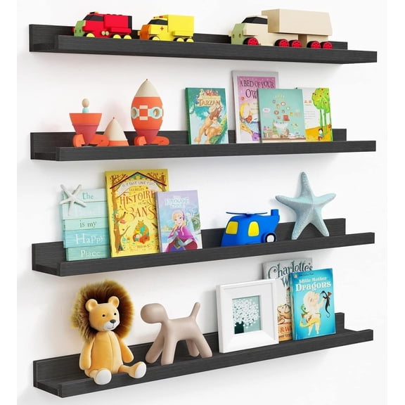 l1 Black Picture Ledge Shelf 4-Pack, 36 Inch Floating Shelves for Wall with Lip Edge, Extra Long Wood Hanging Wall Shelf for Living Room Bedroom Office Classroom Library Books Photo Frames Decor