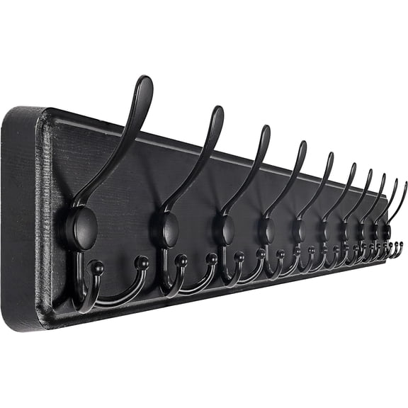 l1 Coat Rack Wall Mounted - 38.3'' Long, Wooden, Heavy Duty, Rustic Coat Hooks for Wall, 16'' Hole to Hole, Wall Coat Rack with 10 Triple Hooks for Hanging Clothes, Jacket, Hat(Black)