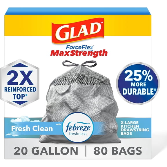 l1 ForceFlex MaxStrength XL Kitchen Trash Bags, 20 Gal, Fresh Clean, 80 Ct (Package May Vary)