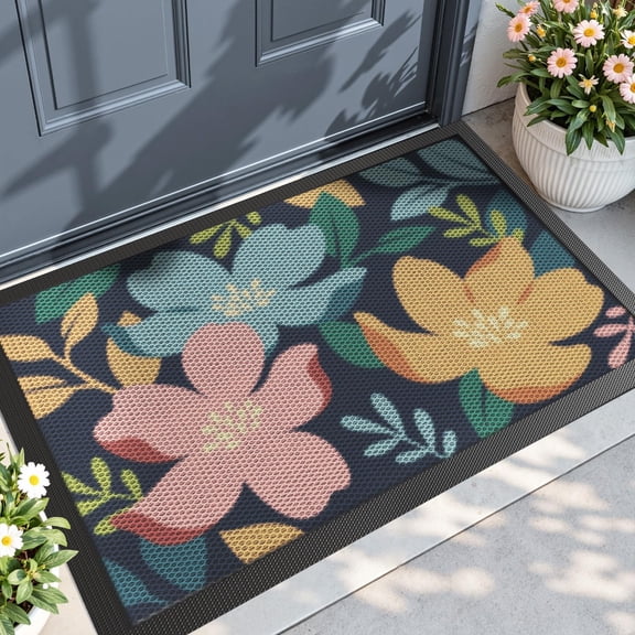 l1 Front Door Mat Outside Entrance, 17x30 Spring Entryway Doormat Dirt Trapper, Heavy Duty Non Slip Entry Mats for Patio Garage Porch Home Decorative, Colorful Floral
