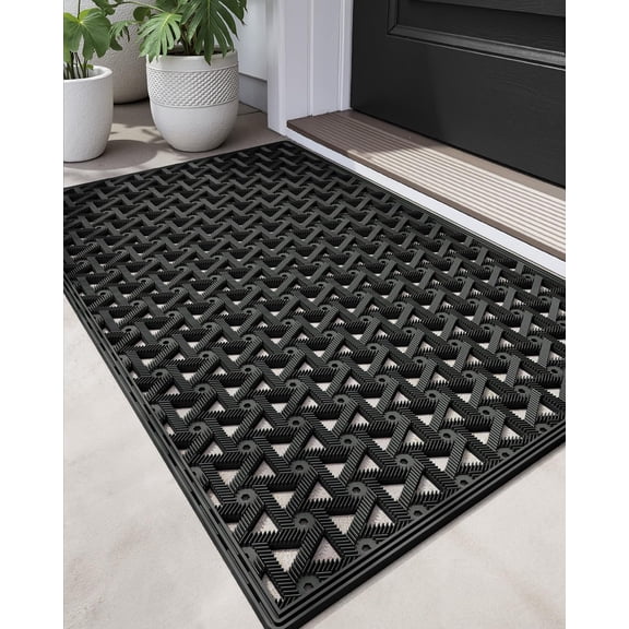 l1 Front Door Mat Outside Entrance Rubber 19x30, Welcome Floor Doormat Heavy Duty Non Slip, Dirt Trapper Waterproof Exterior Entry Mats All Weather for Patio Entryway Drainage, Black