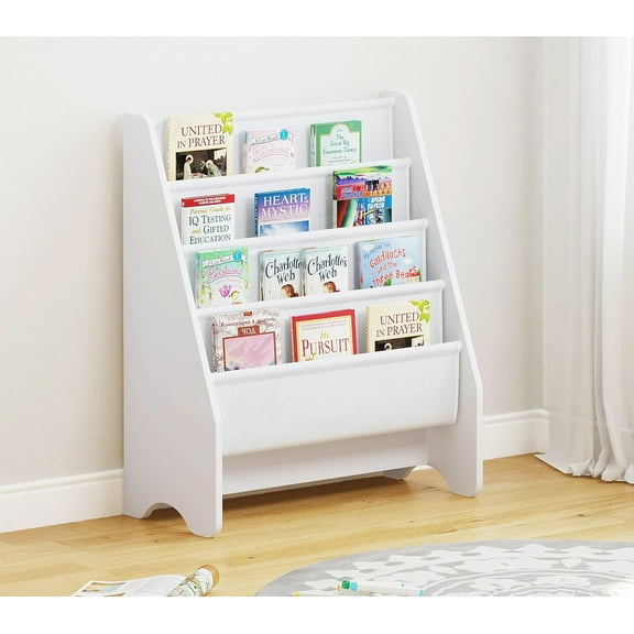 l1 Kids Bookshelf Storage, Book Shelf for Kids Rooms, 4 Tier Sling Bookshelf for Kids, Toddler, Magazine Book Rack, Children Book Organizer, White