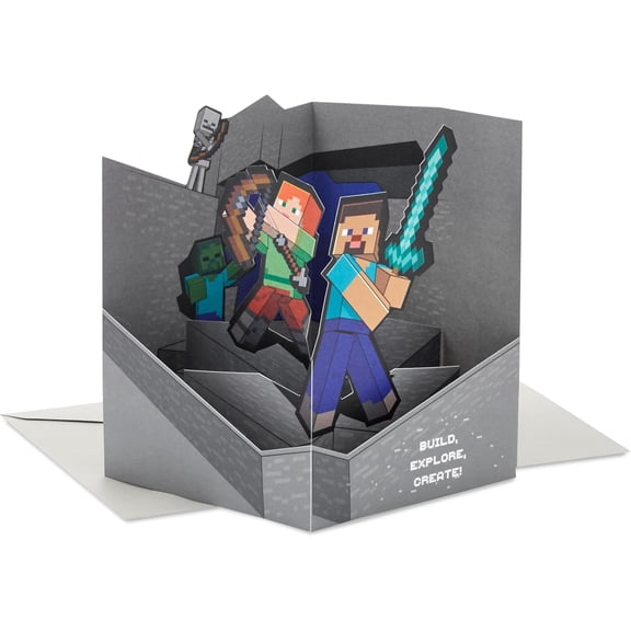 l1 Paper Wonder Minecraft Pop-Up Card (Build, Explore, Create) for Birthdays, Graduations, Kids, Gamers