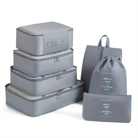 lEPECQ Packing Cubes for Travel, 7Pcs Travel Cubes Set Foldable Suitcase Organizer Lightweight Luggage Storage Bag, Gray