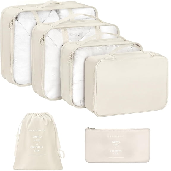 lEPECQ Packing Cubes for Travel & Suitcases Foldable Suitcase Organizer Lightweight Luggage Storage Bag 6 Pack - Beige