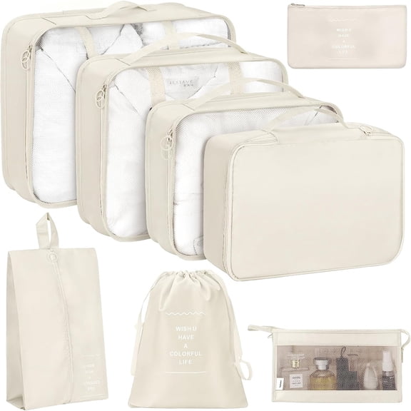 lEPECQ Packing Cubes for Travel & Suitcases Foldable Suitcase Organizer Lightweight Luggage Storage Bag 8 Pack - Beige