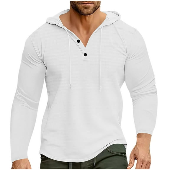 lHtigea Mens Waffle Hoodies Long Sleeve Drawstring Lightweight Hooded Henley Shirts Hoodies Pullover Sweatshirt Today Sales White,XL