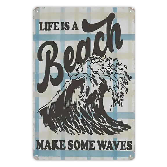 lLife Is A Beach Make Some Waves Sign Rustic Funny Beach Theme House Bedroom DecorFunny Metal Sign Wall Art for Kitchen Garden Bathroom Farm Home Coffee Decor Tin Sign8x12 inches