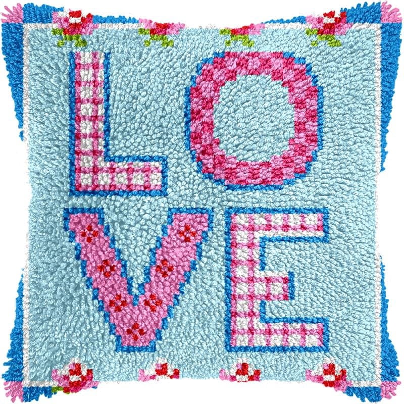 lOVE Latch Hook Pillows Kits Cushion Pillow Cover with Pattern Printed Canvas Sofa Hooking Pillowcase Crafts Embroidery Latch Hooking Crochet Kits Set 17x17 inch(1)