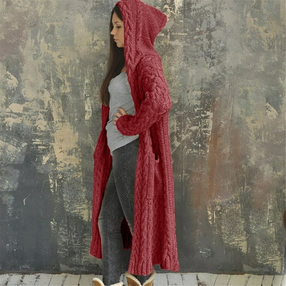 labakihah cardigan for women women casual winter solid knitted loose hooded long cardigan sweater pocket coat womens tops hotpink