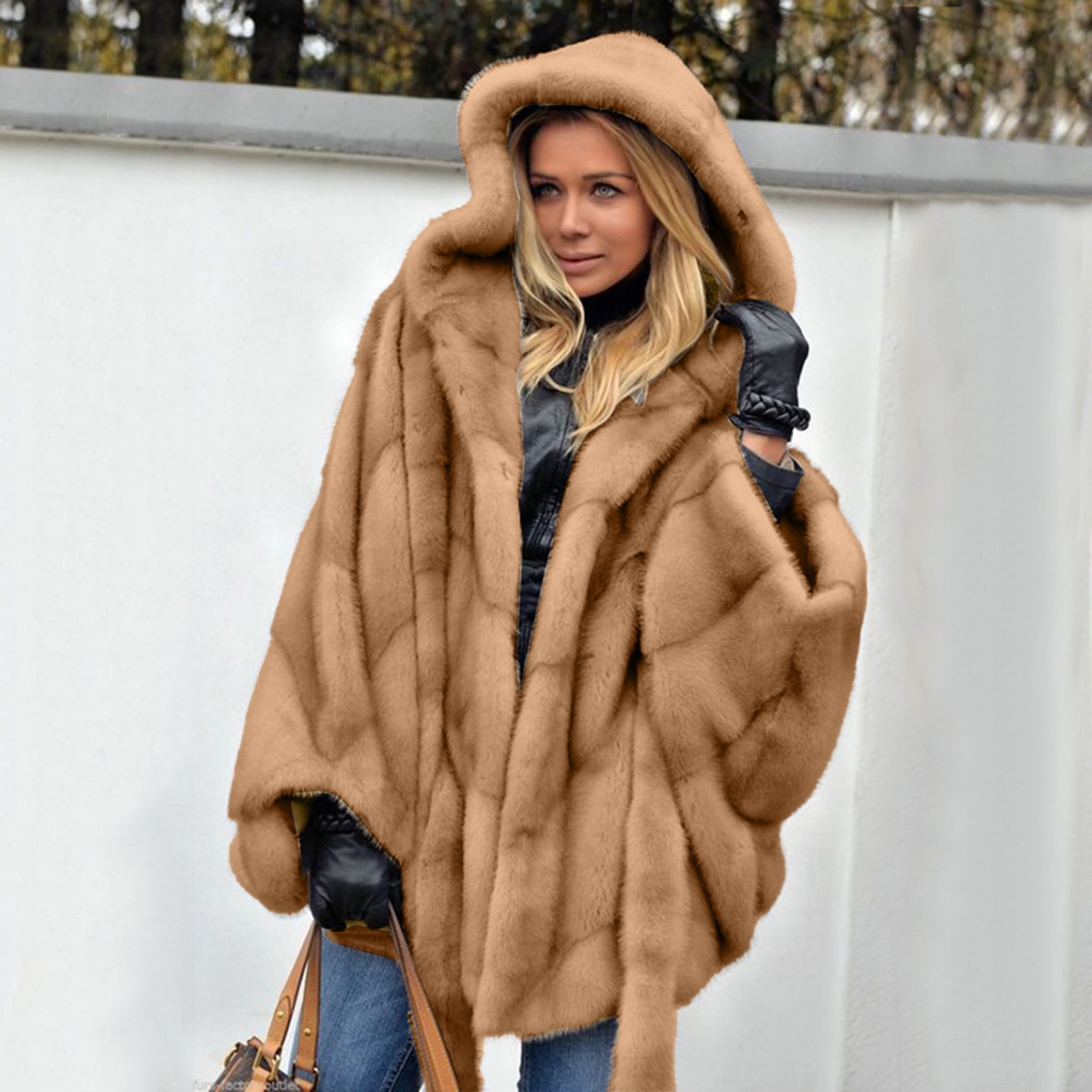 labakihah coats for women women's -fur' winter plus size elegant solid  color batwing sleeve fur' coat warm outerwear tops temperament coat hooded 