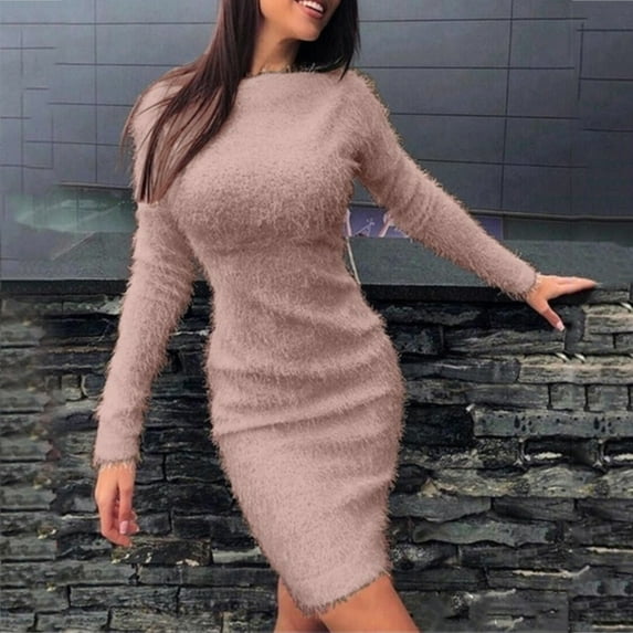 Labakihah midi dresses for women casual dresses for women Women's Dress Fitted Crewneck Knitted Cotton Solid Color Long Sleeve Plush Seamed Mini Sweater Dress Khaki