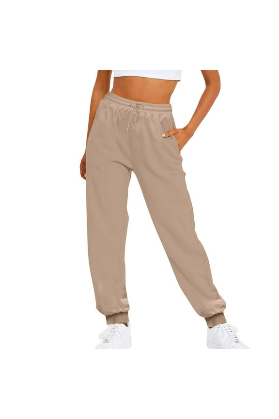 pants women ladies solid color drawstring elastic waist casual loose foot sweatpants beige