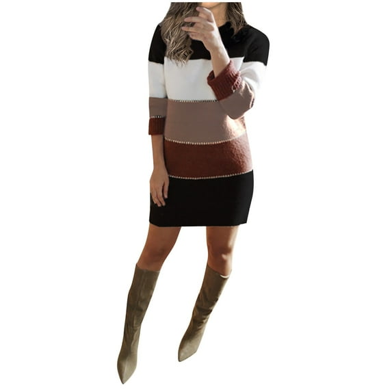 labakihah sweaters for women women winter o-neck sweater color striped pullover sweater dress long sleeve slim mini dress brown