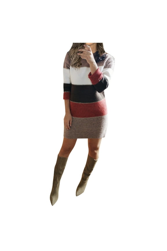 sweaters for&nbsp;women women winter o-neck sweater color striped pullover sweater dress long sleeve slim mini dress red