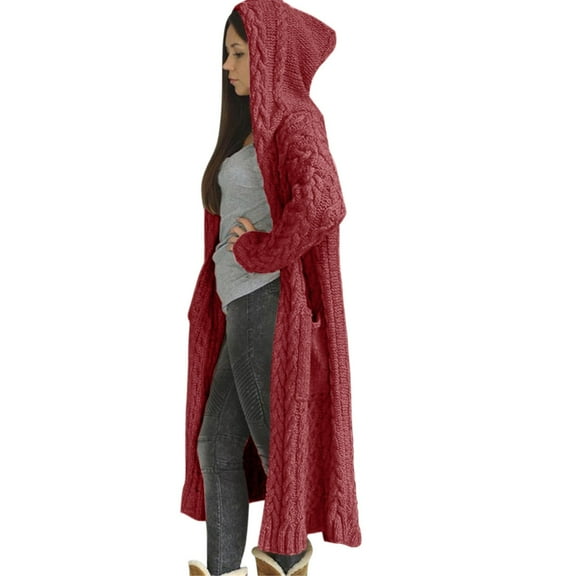 Lisingtool sweaters for women women casual winter solid knitted loose hooded long cardigan sweater pocket coat cardigan sweaters for women hot pink