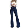 thumbnail image 1 of Clearance! labakihah wide leg pants for women women soild destroyed flare jeans elastic waist bell bottom hem denim pants dark blue, 1 of 9