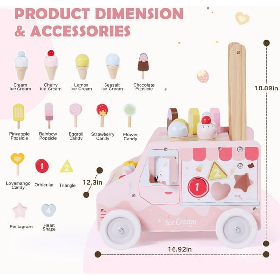 labebe Wooden Baby Walker, Push Activity Walker for Kids 12M+, Multifunctional Ice Cream Cart Activity, Adjustable Speed Learning Walking with Wheels, Birthday Gift for Girls Boys Ages 1-3 (Pink)