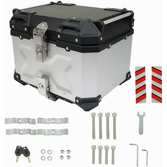labwork 45L Motorcycle Top Case Tail Box with Backrest and Mounting Plate Hard Aluminum Alloy Watertightness Security Lock Against Theft Silver Metal Motorcycle Trunk Tour Tail Box