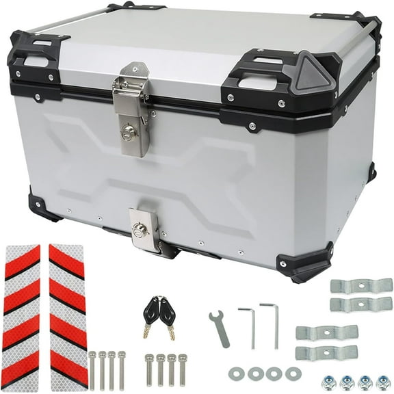 labwork 65L Motorcycle Top Case Tail Box with Backrest and Mounting Plate Hard Aluminum Alloy Watertightness Security Lock Against Theft Silver Metal Motorcycle Trunk Tour Tail Box