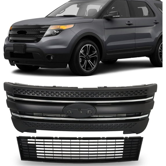 labwork Front Grille and Grille Shell Upper Lower Matte Black Mesh Style Replacement for 2011-2015 Explorer