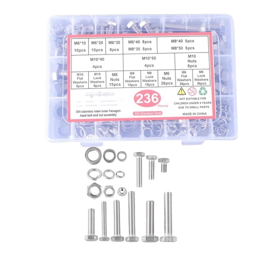 labwork M6, M8, M10 Bolt and Nut Kits-236Pcs, Stainless Steel, Hexagon Screws, Nuts and Washers, Heavy Duty, with Storage Box