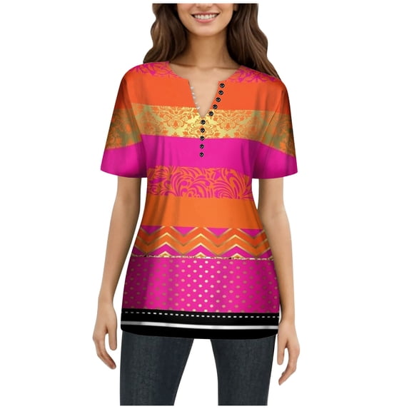 lace tops for women Women's Fashion Spring/Summer Leisure And Comfortable V Neck Short Sleeve Multi Button Art Print Top 2 womens square neck tops