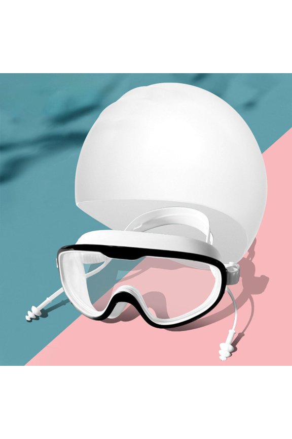 Swimming Goggles and Cap Diving Eyewear Anti Fog Men Women Portable Adjustable with Earplugs Glasses for Swimming Pool Diving Black White