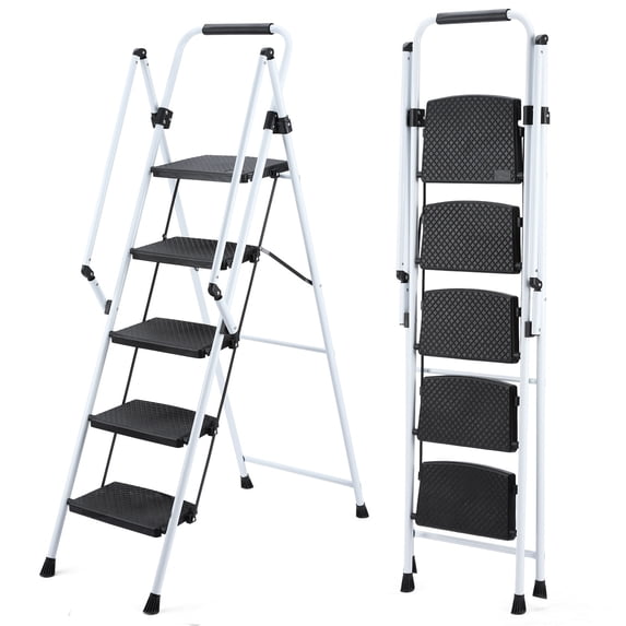 ladder, folding ladder stool, with anti slip wide pedals, steel ladder, with safety anti slip handle, lightweight 330 pound portable steel ladder stool in White 5 steps