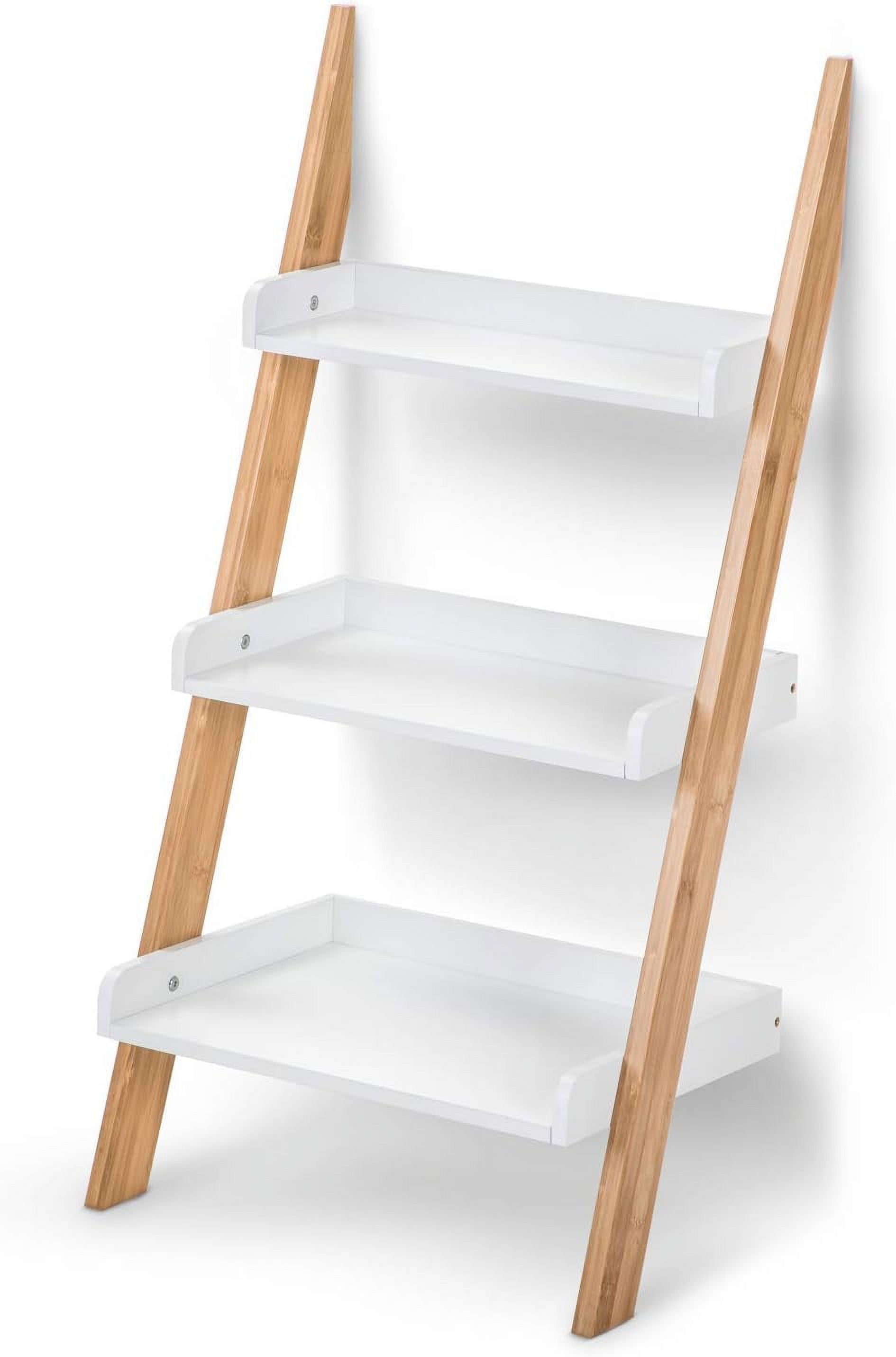 ladder shelf with 3tiers of storage, white and bamboo