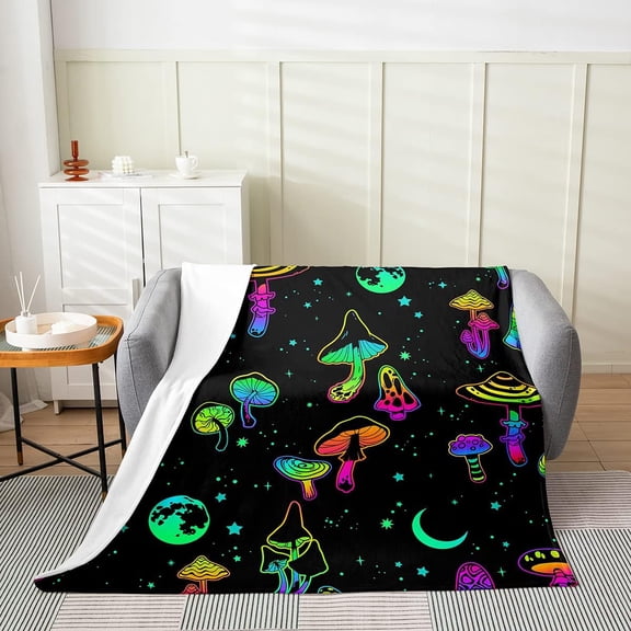ladea Trippy Mushroom Bed Blanket Stars Moon Night Sky Galaxy Fleece Blanket Warm Soft Gothic Style Natural Plants Flannel Blanket Bed Couch Sofa Living Room Decor,30"X40"