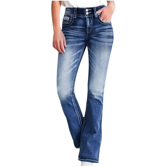 ladies Barrel Jeans Mid Waisted Jeans for Women Boot Cut Stretch Denim Pants Slim Fitting Casual Double Button Vintage Flare Jeans Trousers with Pockets Blue XL