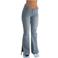 thumbnail image 1 of ladies Flare Bottom Jeans Ripped Flare Jeans for Women, Mid Waisted Side Split Leg Boot Cut Jean Trousers, Casual Washed Long Denim Trouser with Pockets Light Blue XL, 1 of 9