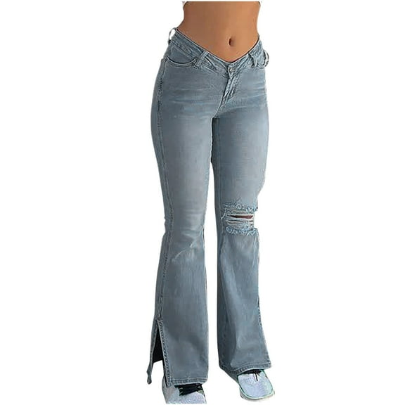 ladies Flare Bottom Jeans Ripped Flare Jeans for Women, Mid Waisted Side Split Leg Boot Cut Jean Trousers, Casual Washed Long Denim Trouser with Pockets Light Blue XL